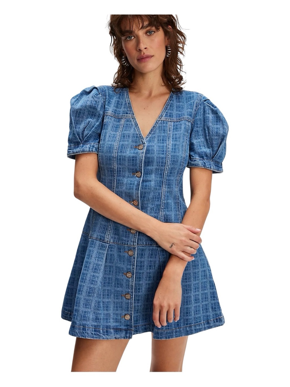 ANTHROPOLOGIE DAMSON MADDER Adeline Grid Puff Sleeve Mini Dress